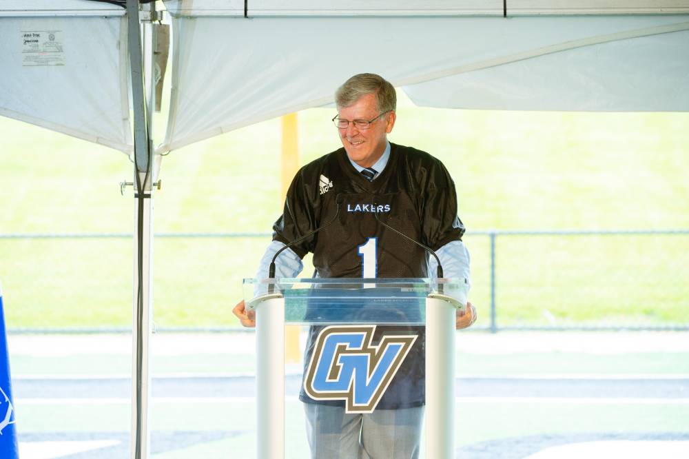 President Tom Haas speaking at the Jamie Hosford Football Center dedication.